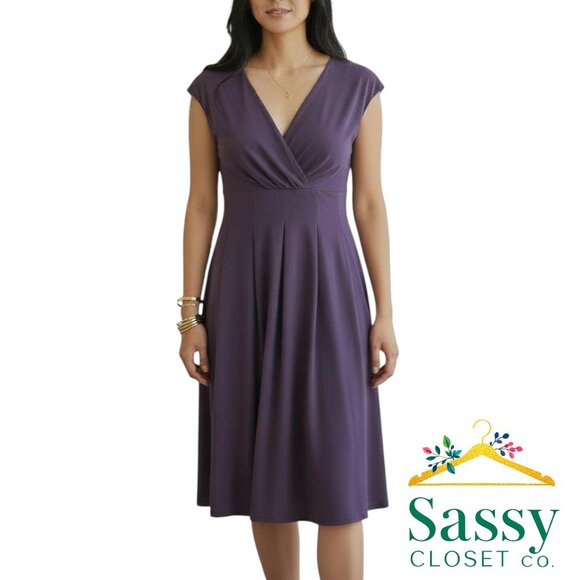 Coldwater Creek Purple Jewel Tone Midi Dress Empire Waist V Neck Fully Lined Sz - Picture 1 of 9